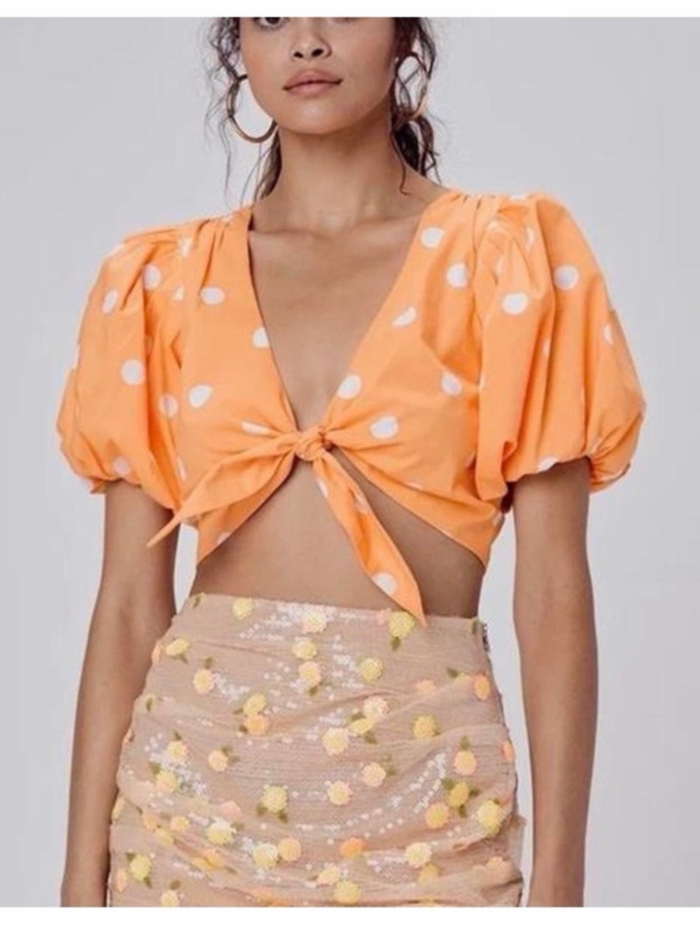 For Love And Lemons Orange Polka Dot Tie-Front Puff Sleeve Crop Top